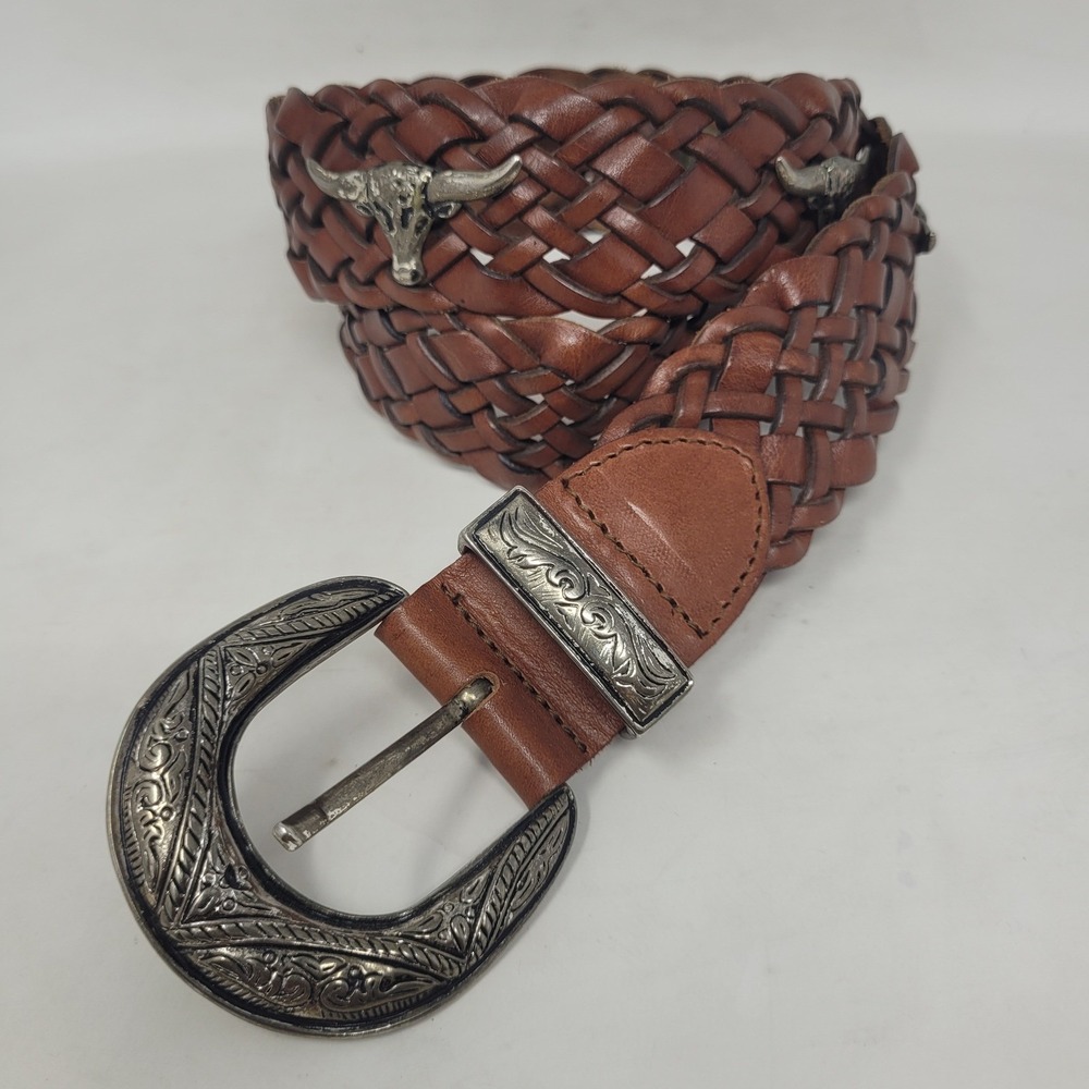 Brown Leather Belt Mens Large Western Cowboy Rodeo Bull Head Engraved Buckle
